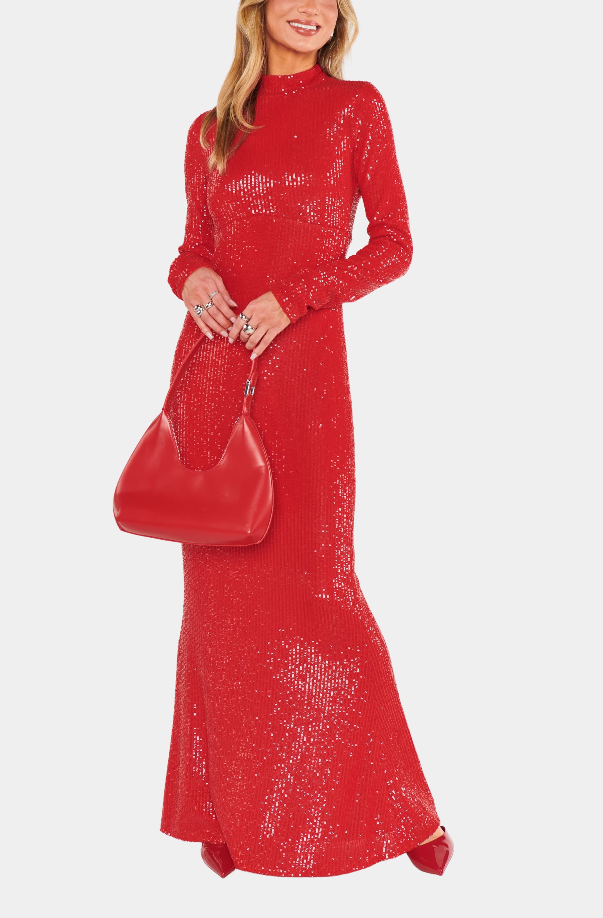 Long sleeve red sequin maxi dress, elegant style