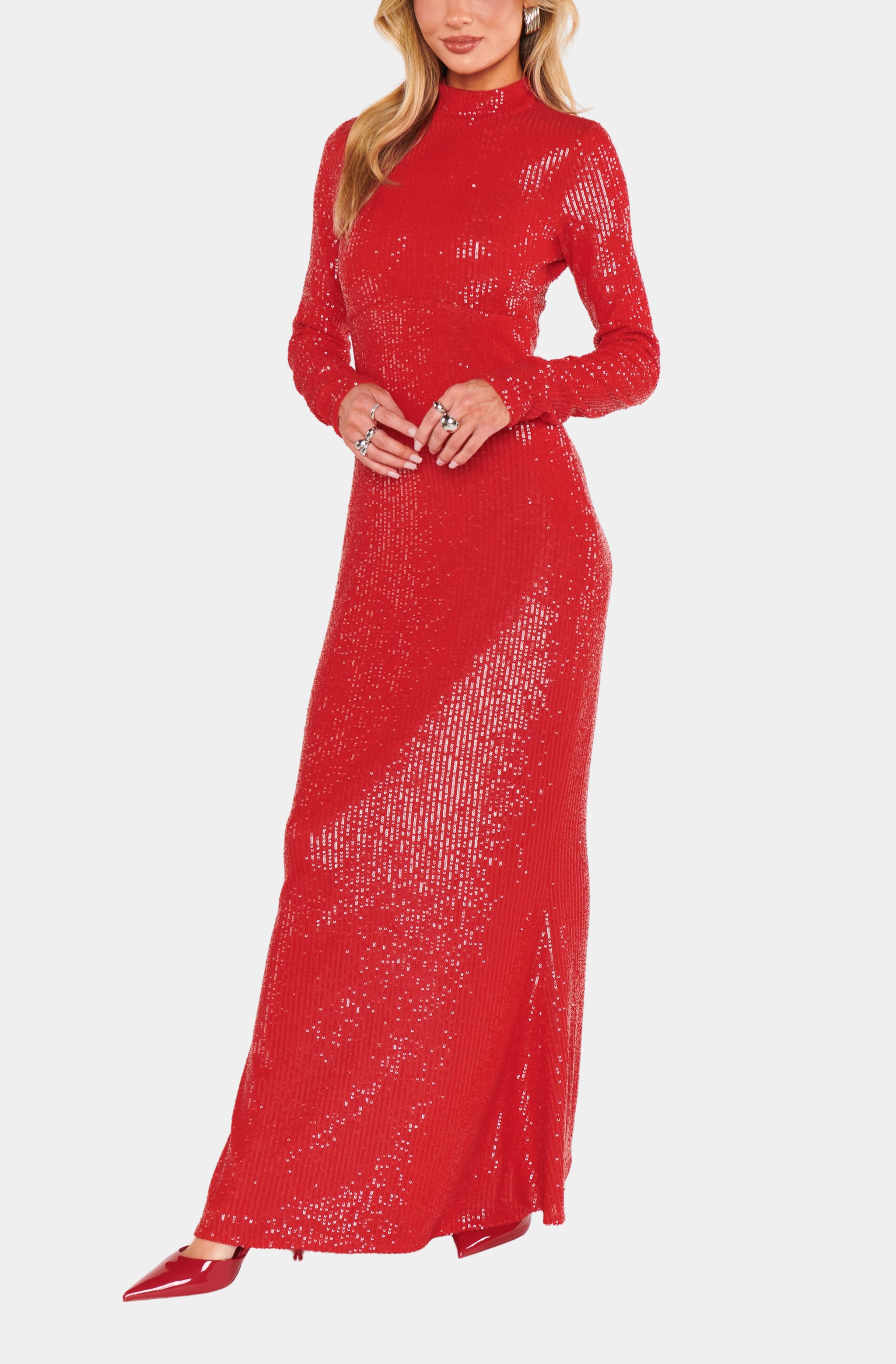 Crew neck red sequin maxi dress, full-length