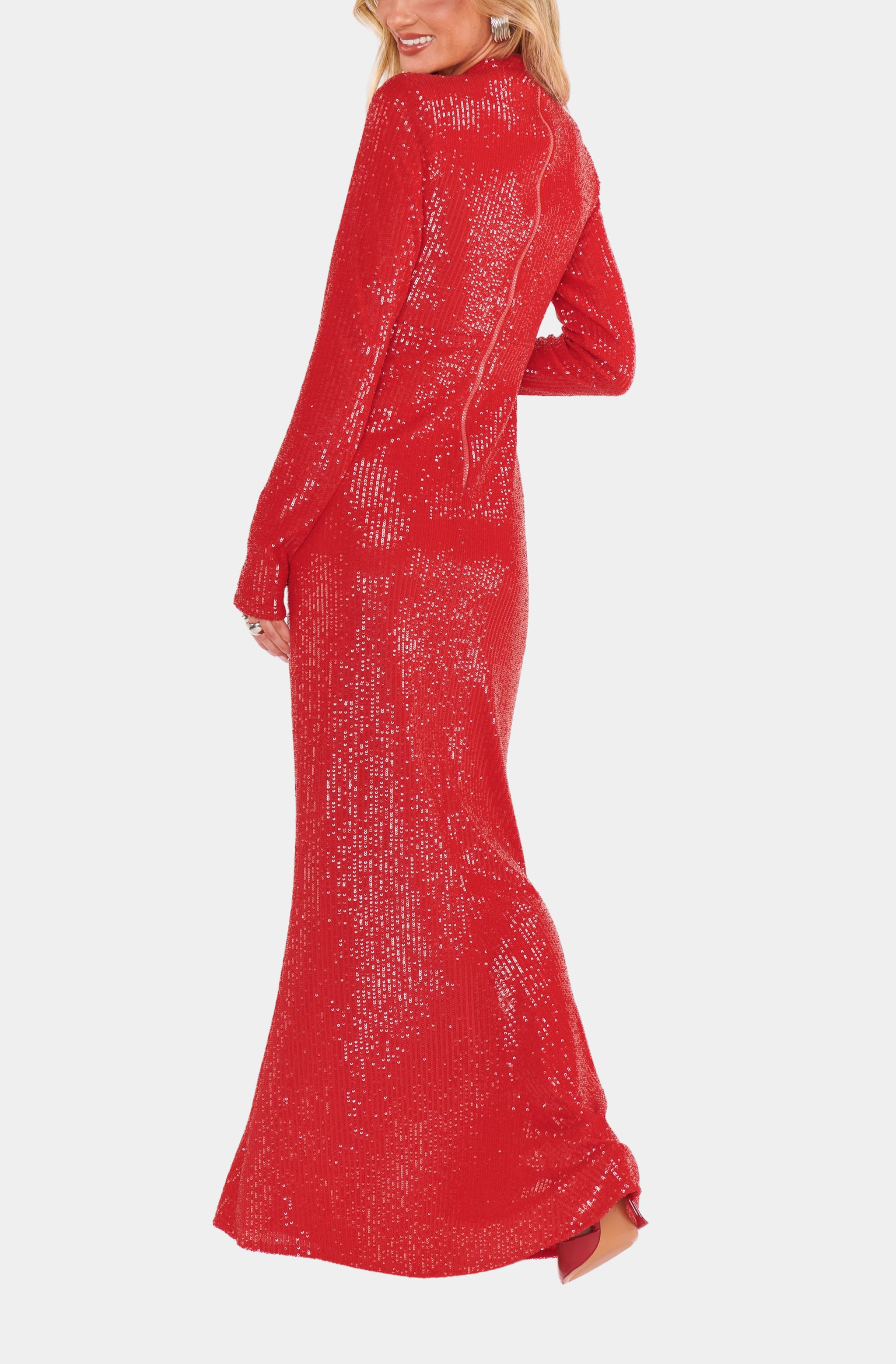 Back view of red sequin All Out Maxi Dress