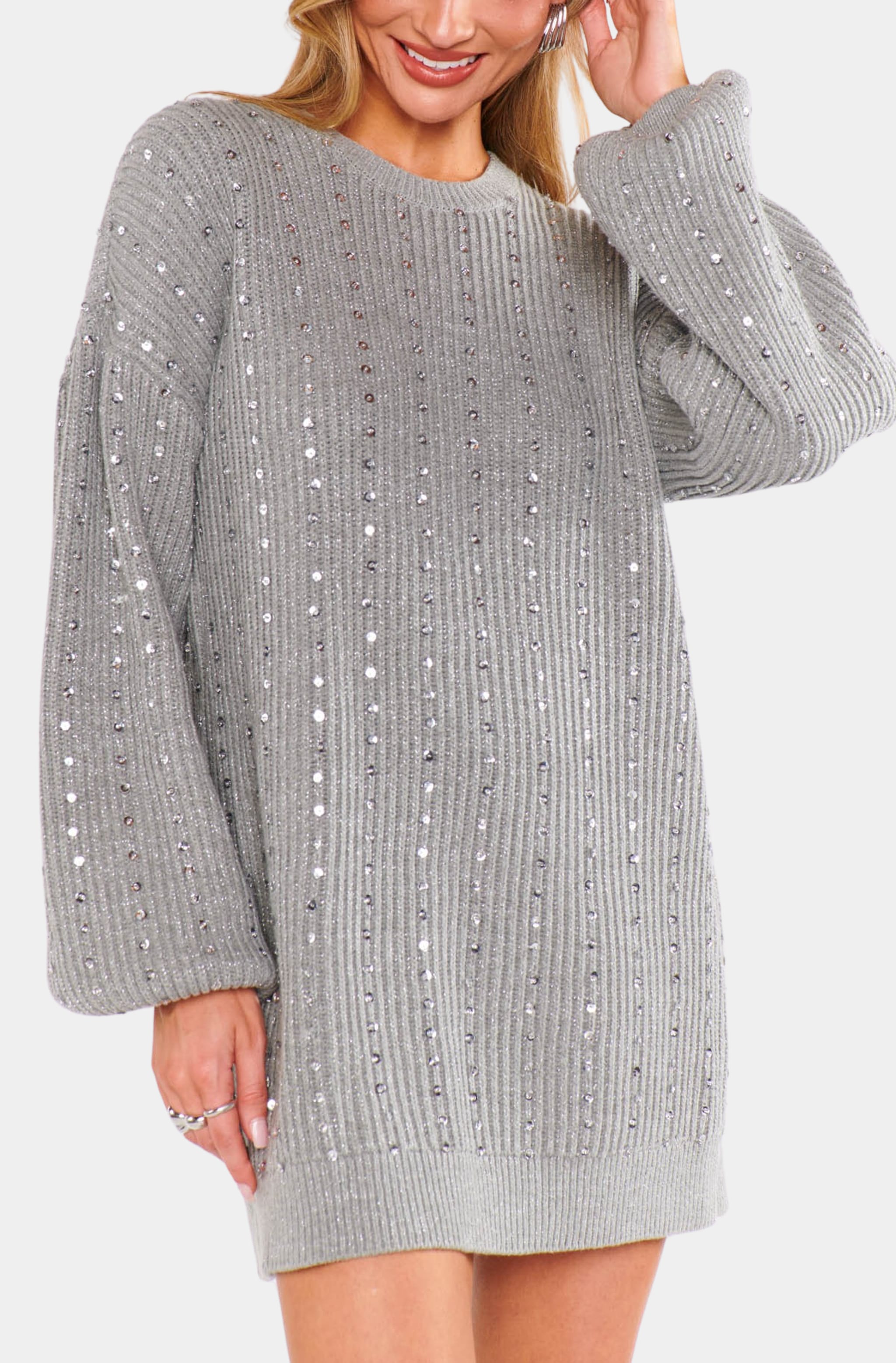 Detailed view of sequin Social Sweater Dress with long sleeves