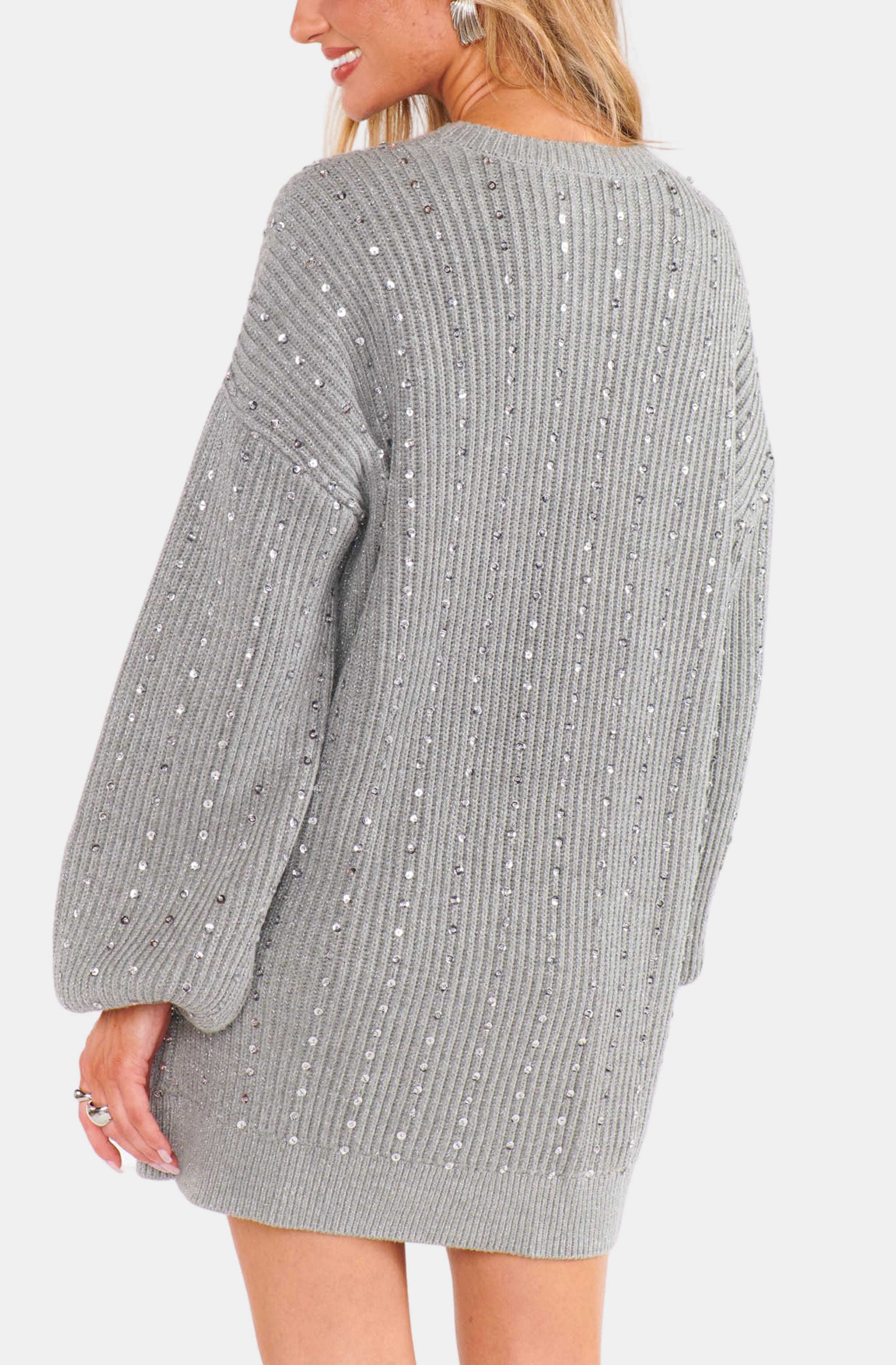 Back view of sequin Social Sweater Dress with long sleeves