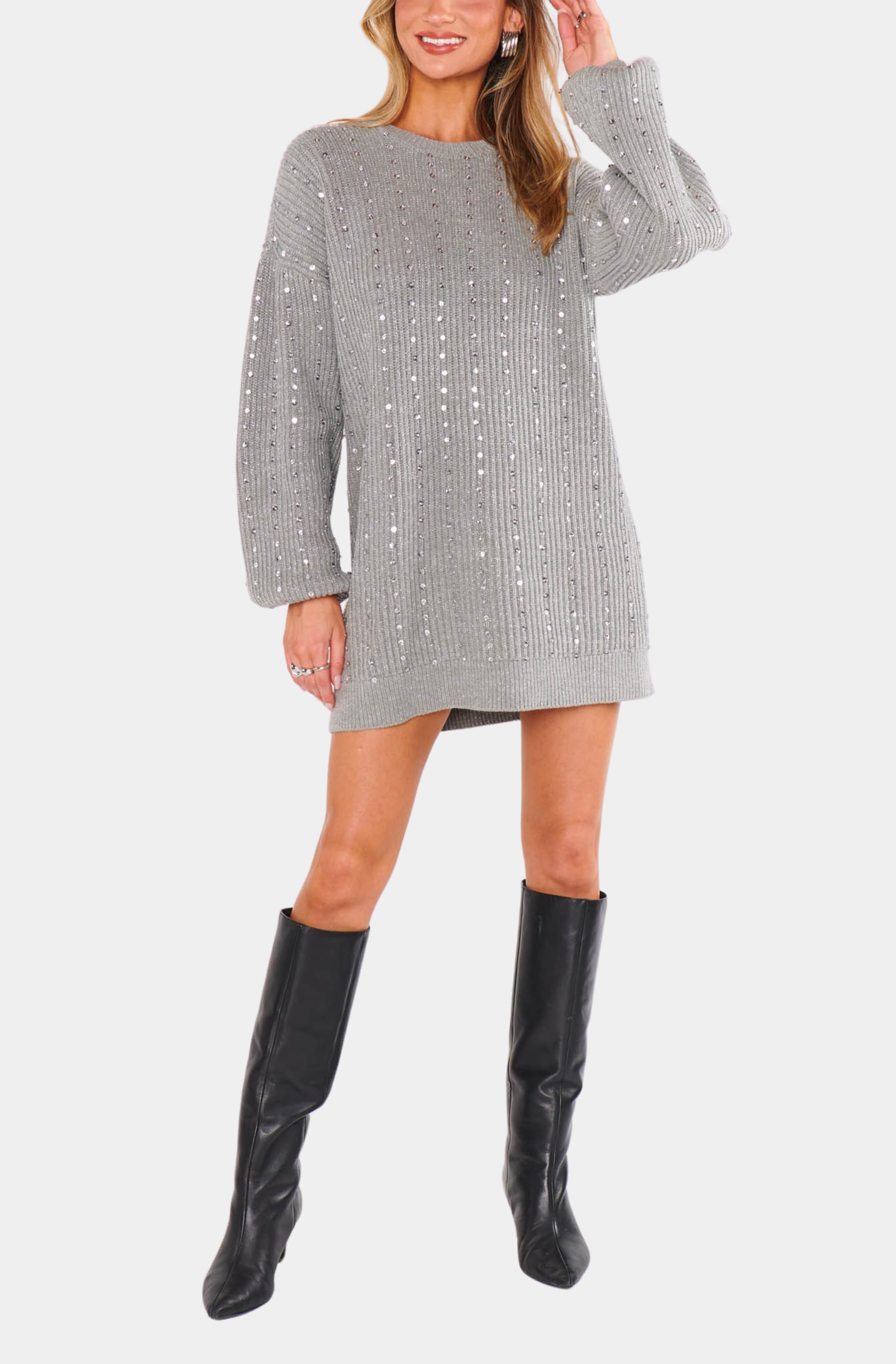 Sequin Social Sweater Dress with long sleeves and mini length