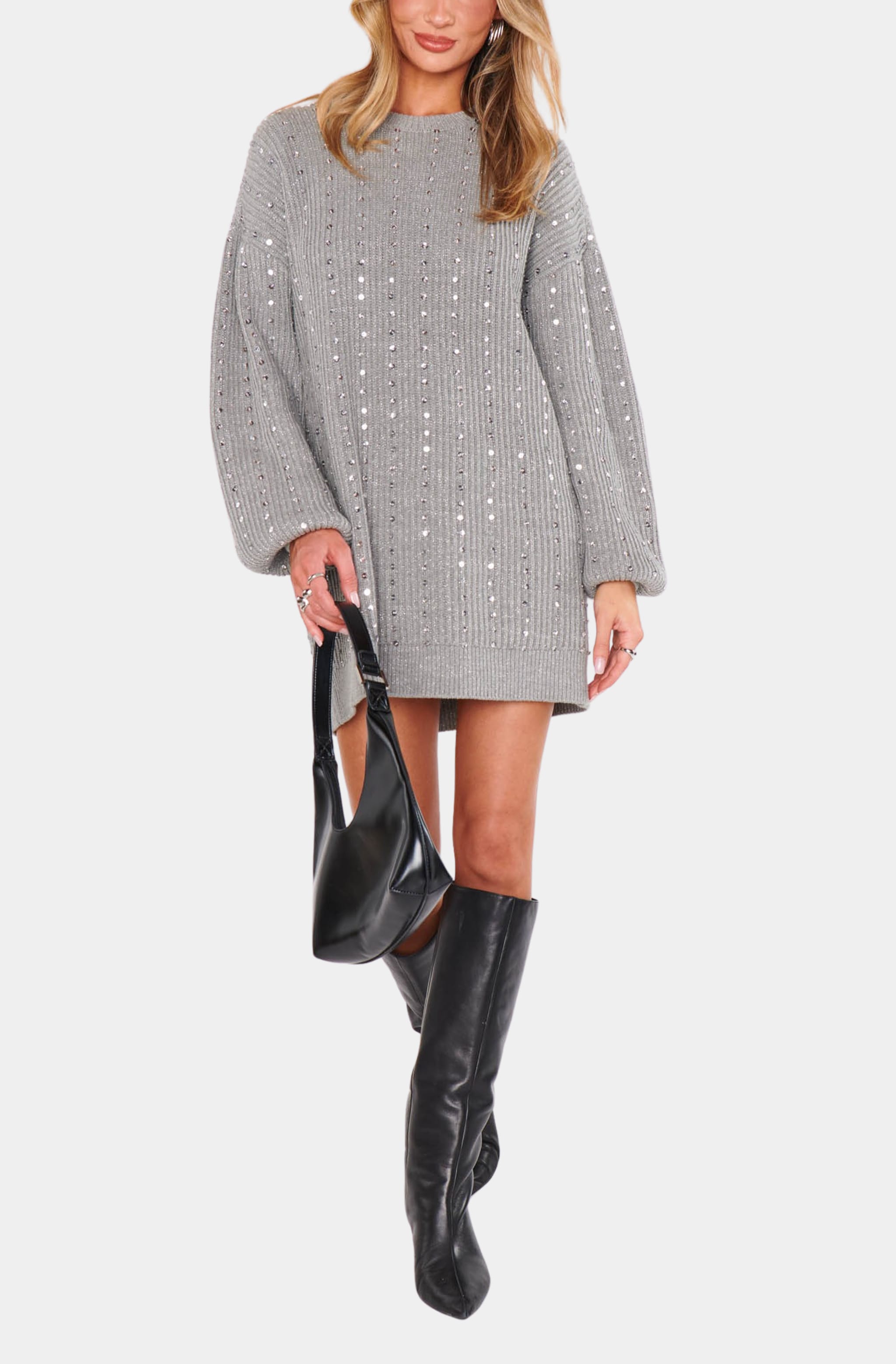 Front view of sequin Social Sweater Dress with long sleeves