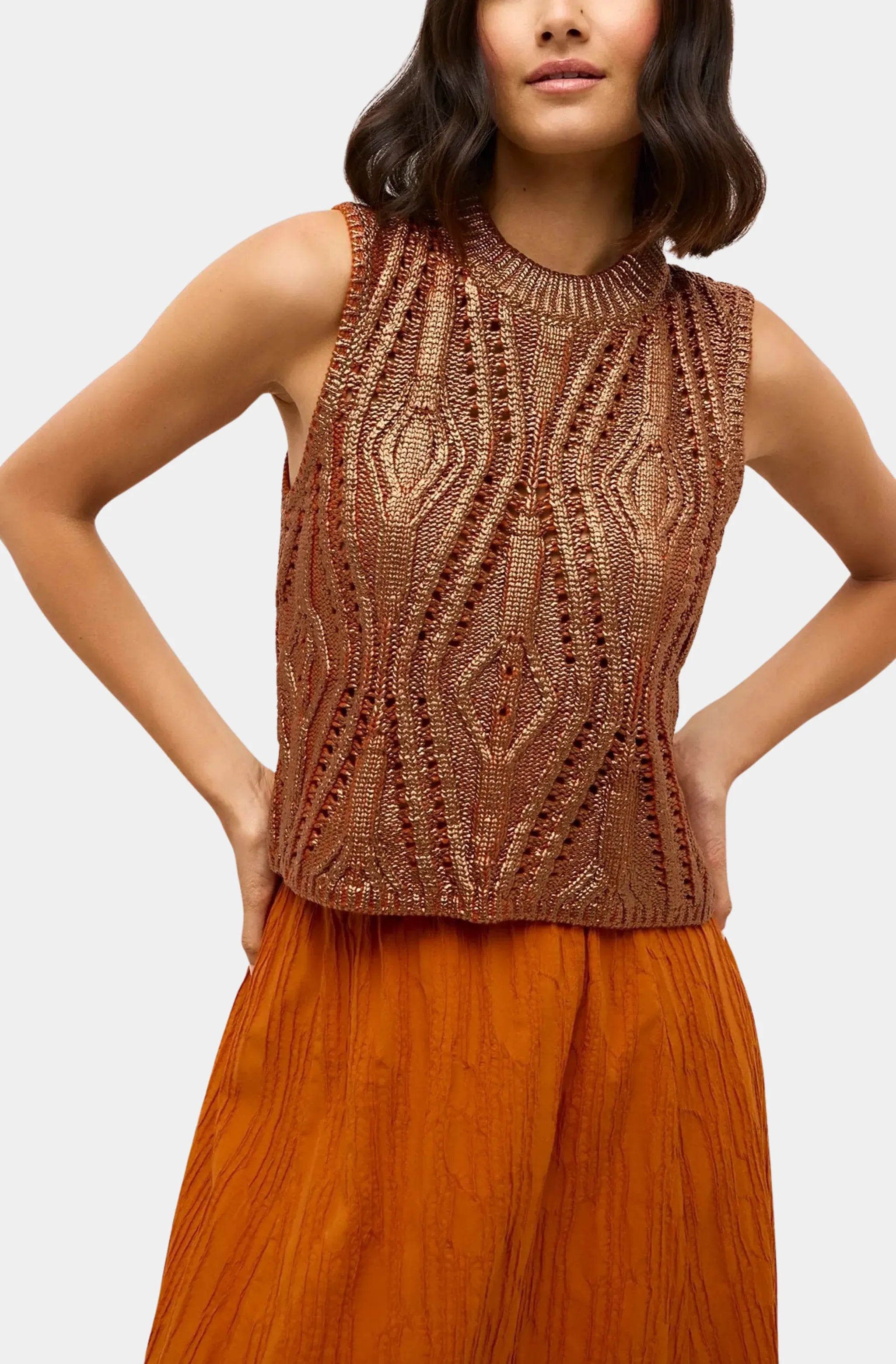 McGuire Top - front view of stylish foiled knit shell