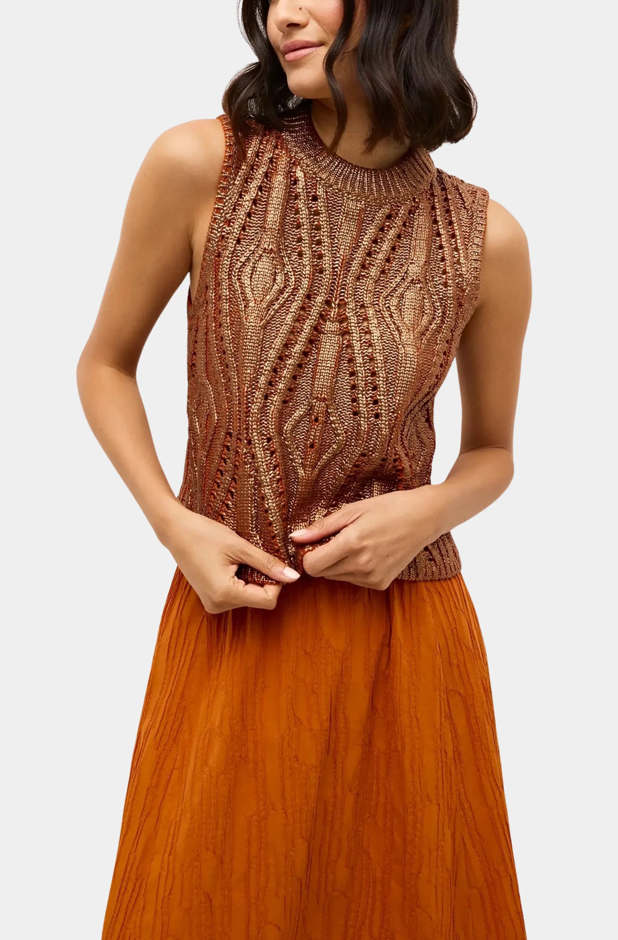 McGuire Top - close-up front view of foiled knit shell