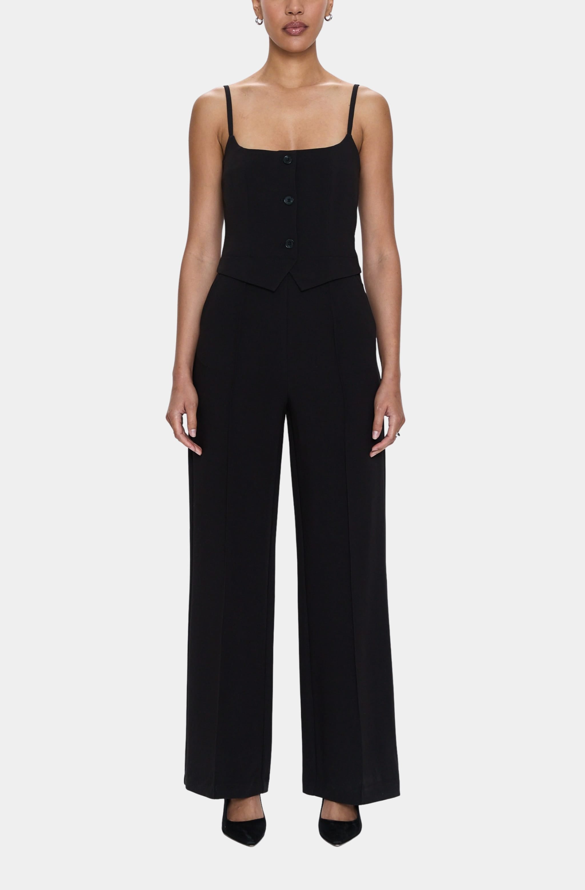 Marcia tailored jumpsuit with spaghetti straps, front view