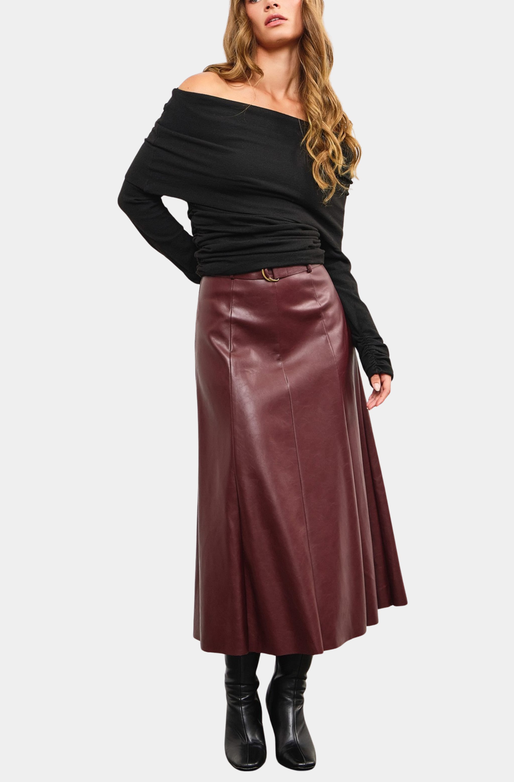 Full view of Angelique Top, black off shoulder with skirt