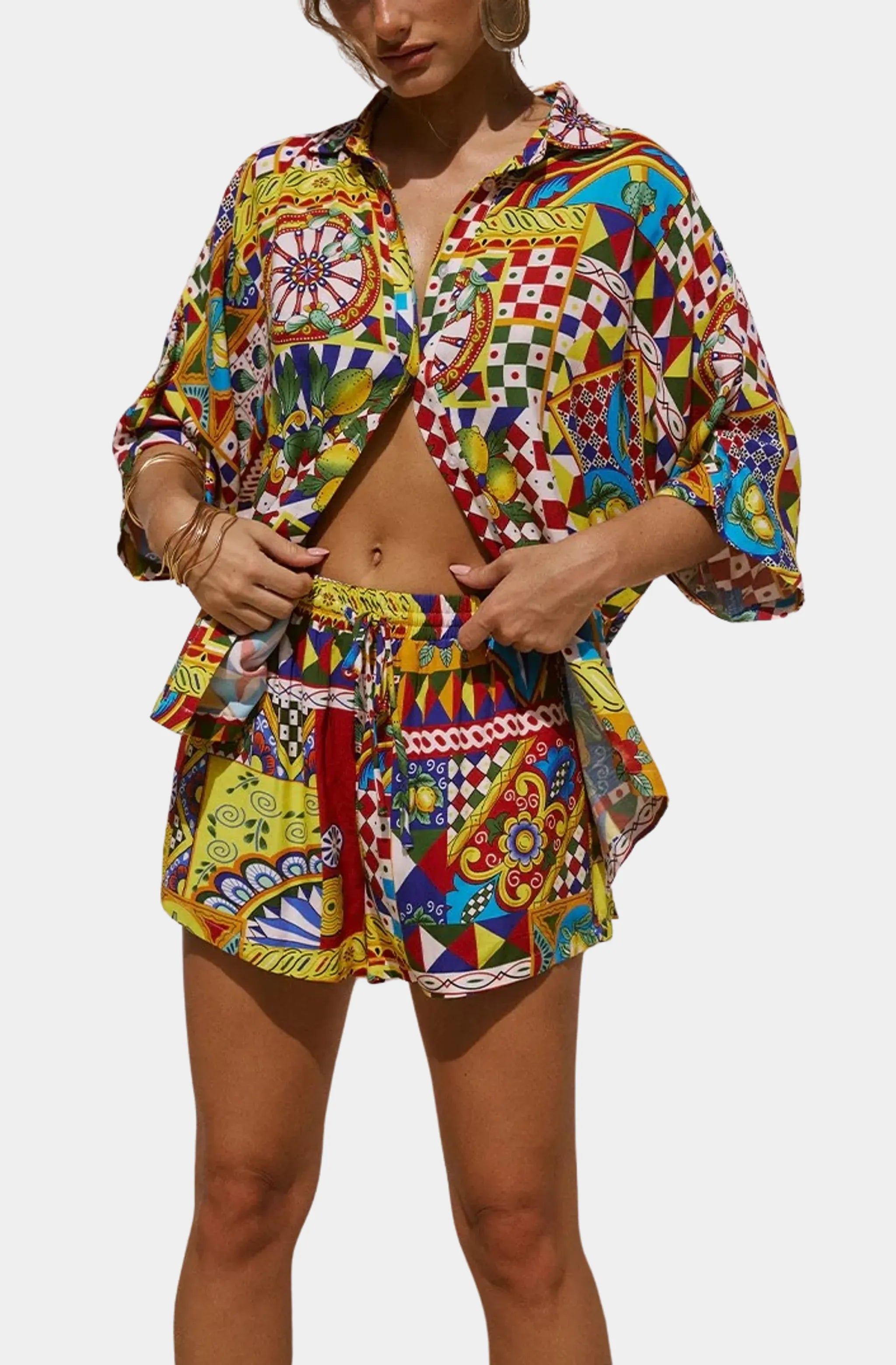 Front view of Venus Short and patterned shirt ensemble