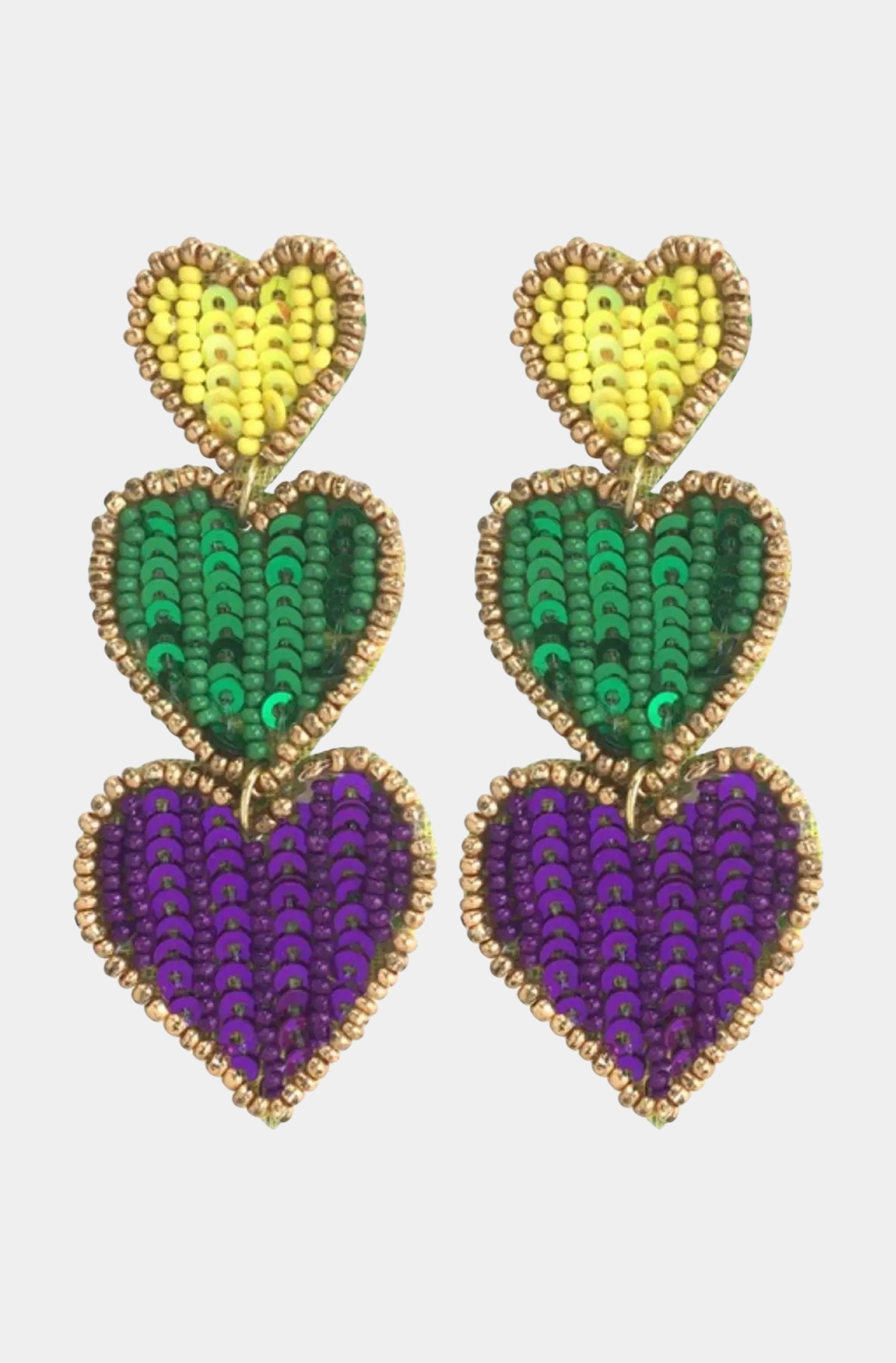 Mardi Gras Triple Heart Earrings