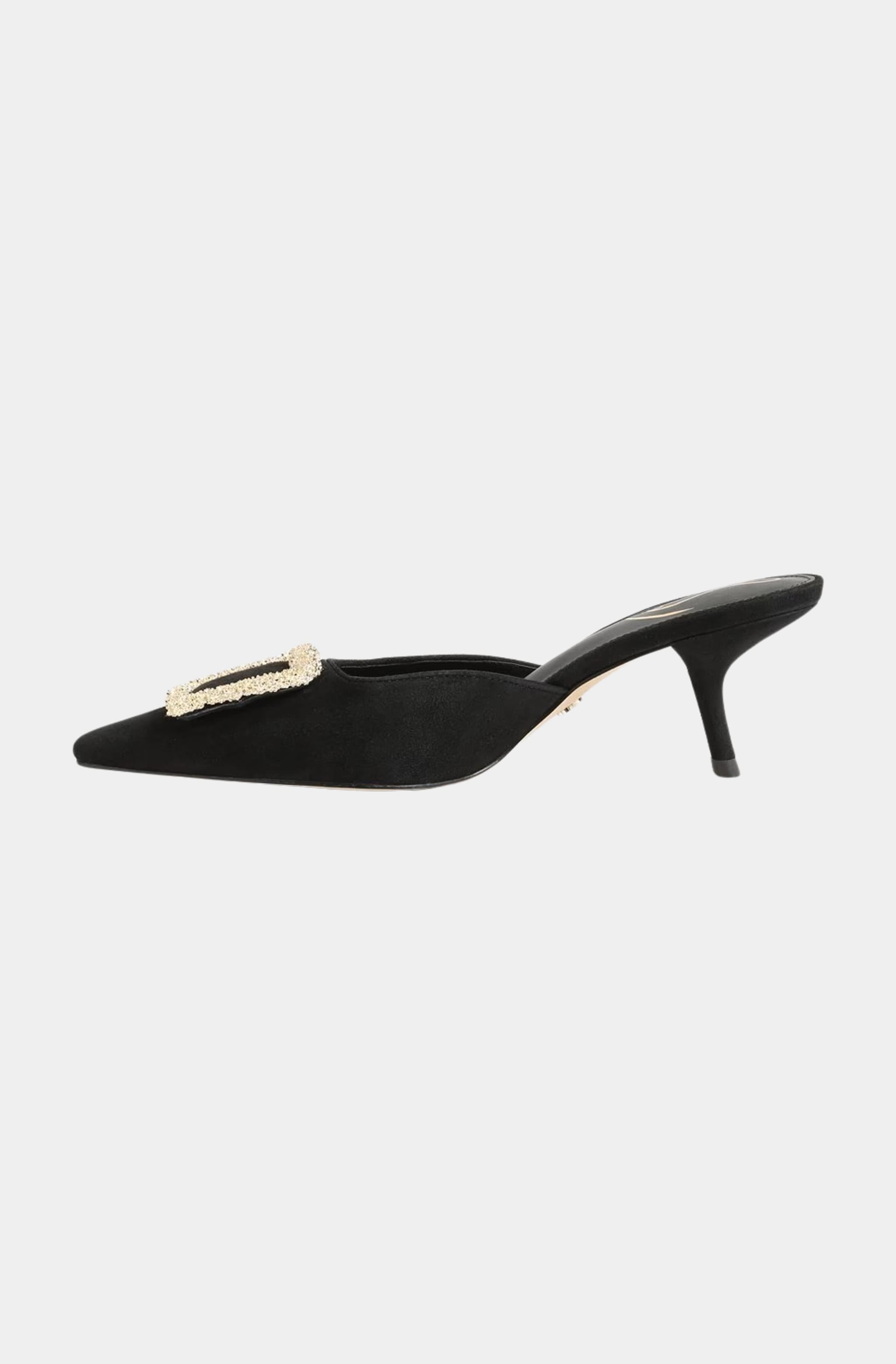 Opposite side view of black mule with kitten heel