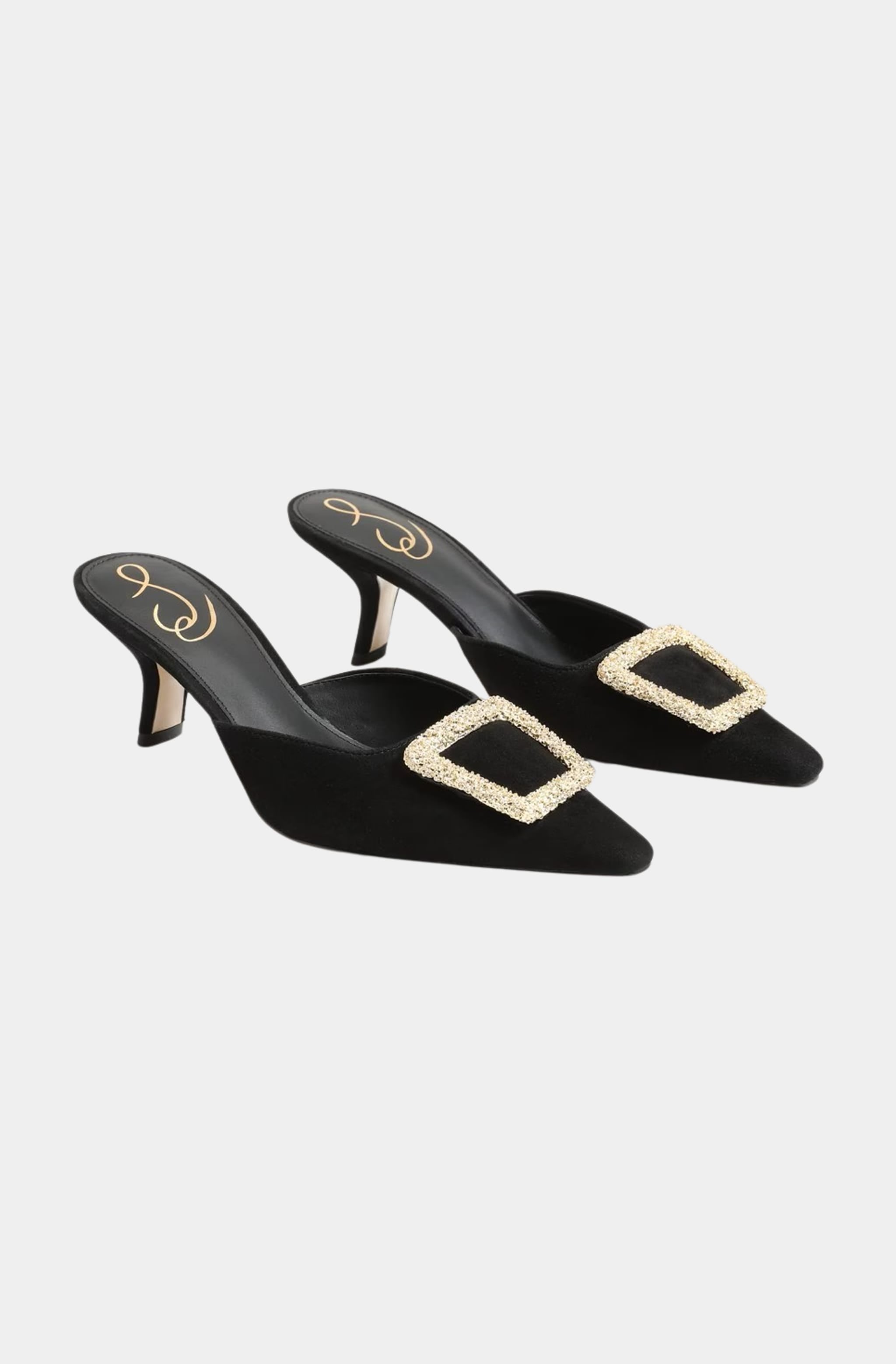 Black kitten heel mules with gold buckle detailing