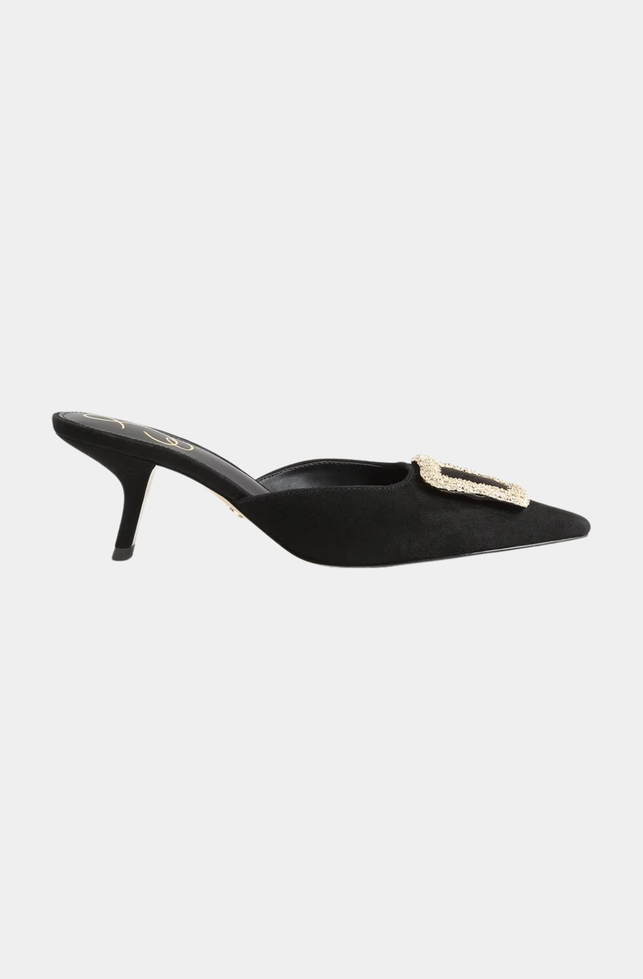 Side profile of black kitten heel mule with gold buckle