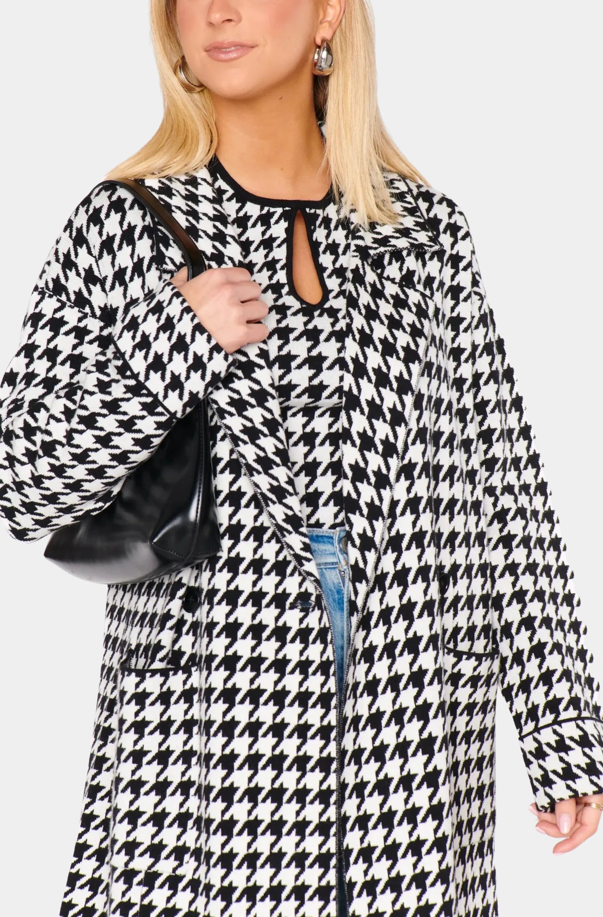 Close-up of Shasta Sweater Jacket with houndstooth design