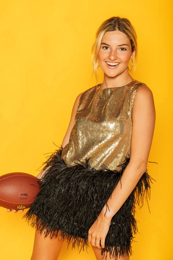 Gold Sequin Tank with Feathers